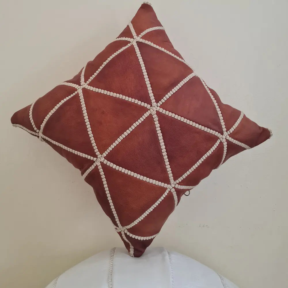 Brick Red Moroccan Leather Pillow – Geometric Diamond Pattern