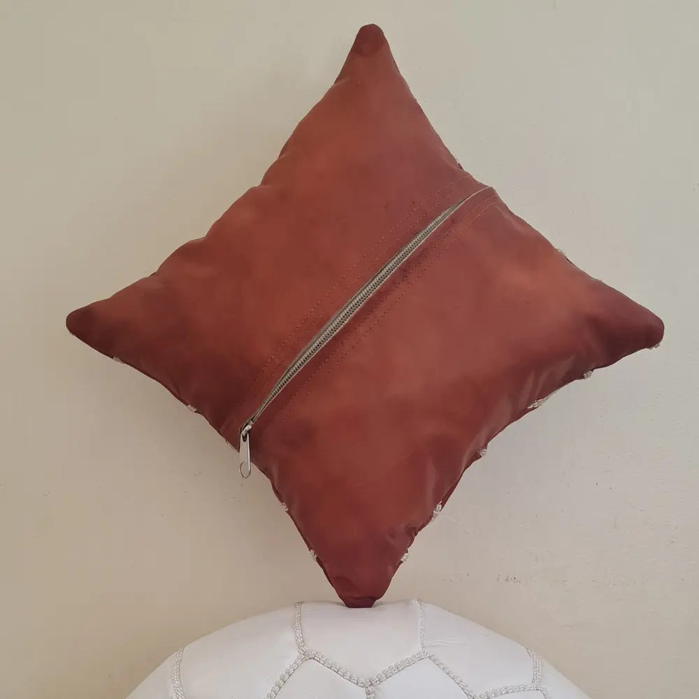 Brick Red Moroccan Leather Pillow – Geometric Diamond Pattern