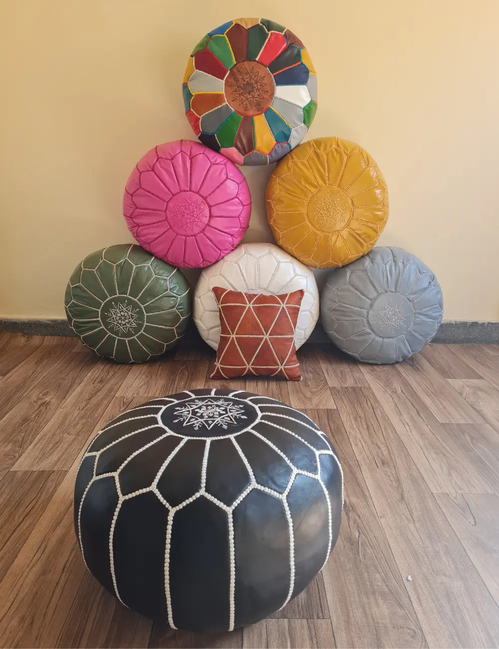 Blue Moroccan Leather Pouf – Navy Elegance with White Embroidery