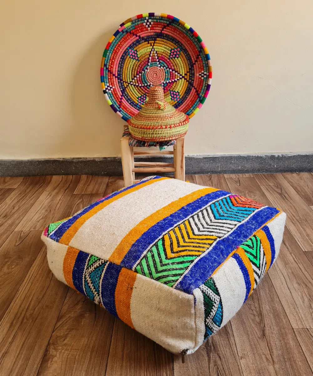 Handmade Moroccan Kilim Rug Pouf – One-of-a-Kind Vintage Berber Ottoman
