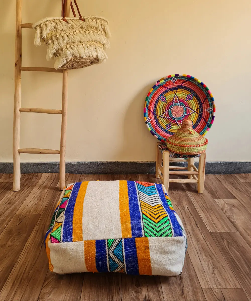 Handmade Moroccan Kilim Rug Pouf – One-of-a-Kind Vintage Berber Ottoman