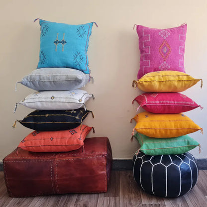 Set of 2 Soft Grey Sabra Silk Pillows – Subtle Moroccan Cushions with Pastel Patterns