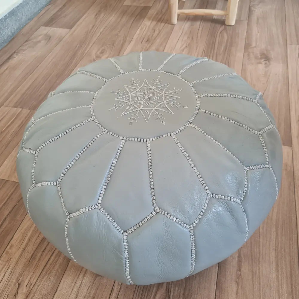 Gray Moroccan Leather Pouf – Neutral Sophistication
