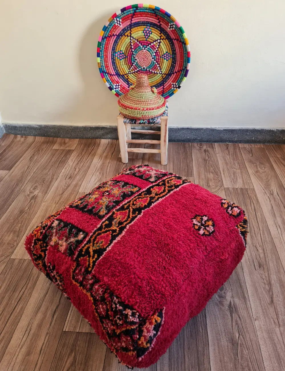 Red Amazigh Moroccan Pouf – Handmade Berber Floor Cushion