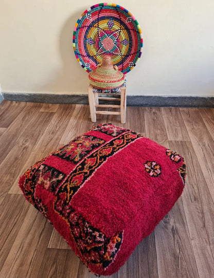 Red Amazigh Moroccan Pouf – Handmade Berber Floor Cushion