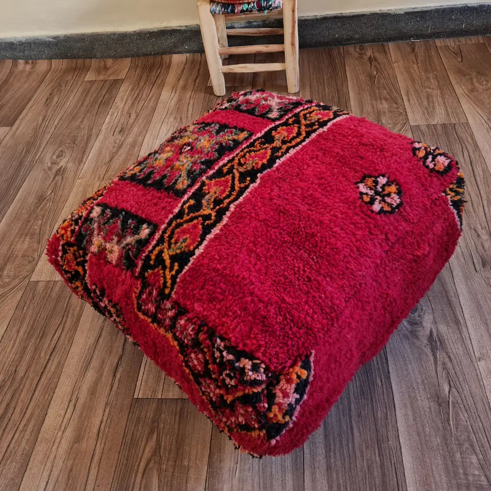 Red Amazigh Moroccan Pouf – Handmade Berber Floor Cushion