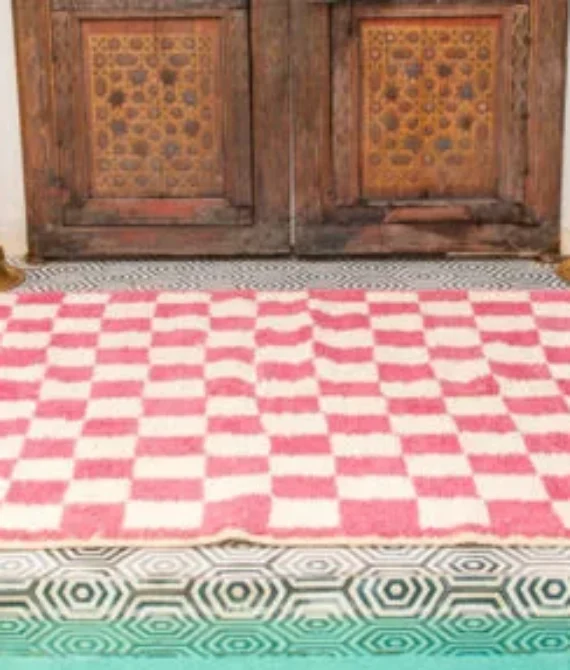 Glaoui Pink Checkered Moroccan Rug | Handcrafted Beni Ourain Wool Area Rug